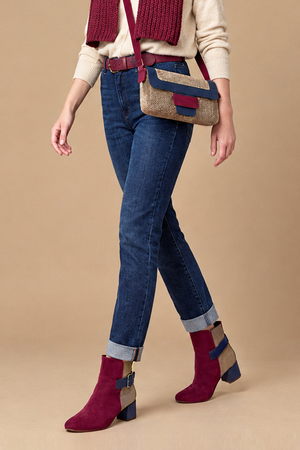 Dress ankle boots back buckles in burgundy red, caramel brown and navy blue leather with medium block heels and square toe -Worn view